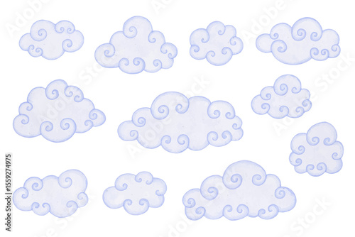 Collection of blue, airy clouds. Vector graphics.