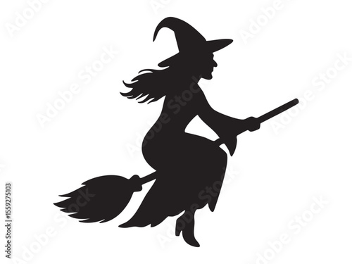 Black silhouette of flying witch on broomstick in halloween theme, isolated on white background, graphic illustration. concept of magic, spooky character, holiday, design element.