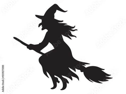 Black silhouette of a witch flying on a broomstick, isolated on white background, halloween theme. concept of magic, spooky, holiday decor, mystical creature, icon, design element.