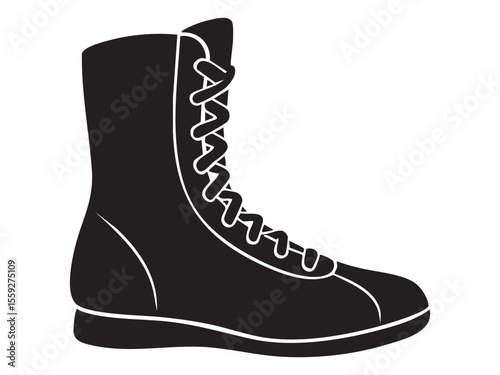 Black silhouette of a boxing boot in side view with laces, isolated on white background, graphic illustration. concept of footwear, sports gear, training equipment, icon, logo