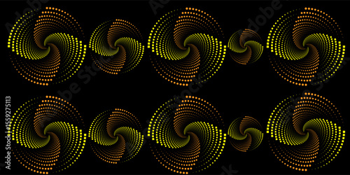 Abstract Symmetrical Yellow and Orange Spiral Dot Patterns on Black Background