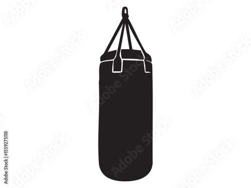 Black silhouette of boxing punching bag isolated on white background, graphic illustration. concept of fitness, boxing training, gym equipment, icon, logo, design element