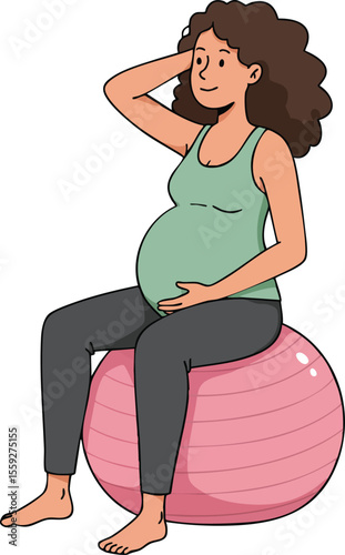Pregnant woman sitting on pink exercise ball relaxing with hand on head and touching belly natural maternity vector