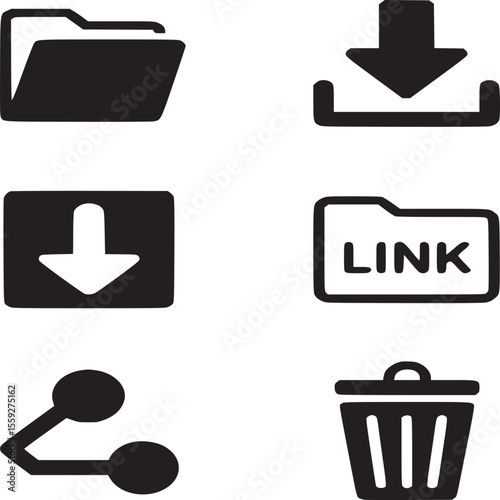 A collection of six black and white icons including folder download link share and trash can symbols