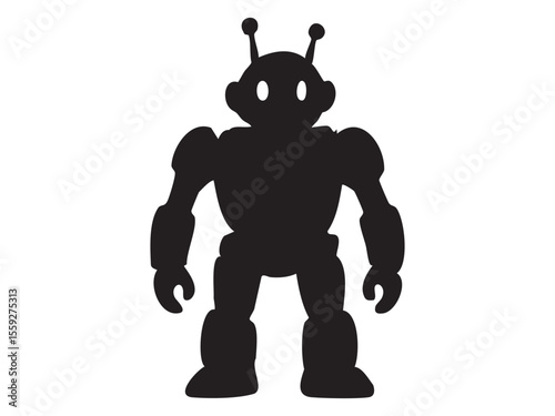 Black silhouette of robot toy isolated on white background, graphic illustration. concept of futuristic plaything, children's toy, icon, logo, design element