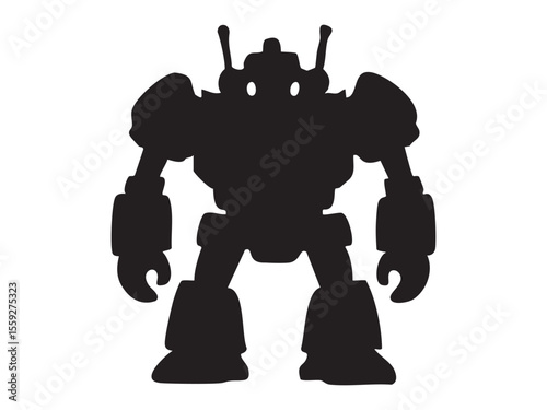 Black silhouette of robot toy in standing pose, isolated on white background, graphic illustration. concept of icon, logo, futuristic design, technology, artificial intelligence
