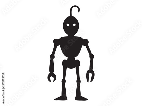 Black silhouette of robot toy standing upright, isolated on white background, graphic illustration. concept of futuristic design, artificial intelligence, toy figure, icon, design element