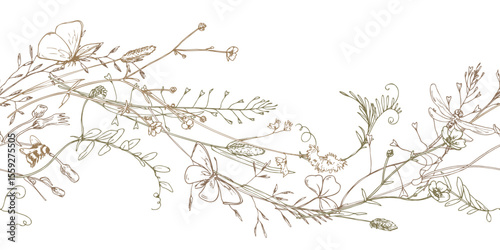 Delicate hand-drawn seamless botanical border in elegant line art. Features wildflowers, leaves, and herbs in natural flow. Ideal for invitations, packaging, textile, and eco-themed layouts.