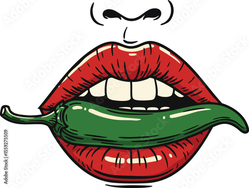 Red lips biting green chili pepper spicy flavor vector design with open mouth illustration