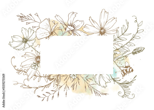 Horizontal floral banner frame with wildflowers and foliage in pastel watercolor and fine line art. Perfect for cards, invitations, blog headers, or eco-themed digital products.