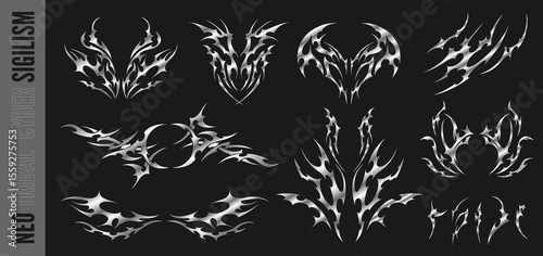 Neo tribal chrome metal element vector set, symmetry ornament swirl sharp demon wings, cyber sigilism gothic pack design