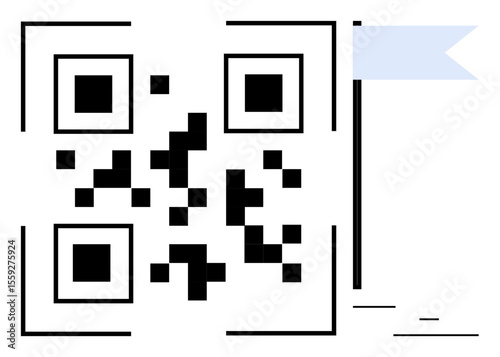 Black QR code paired with a minimalist blue flag, signifying scanning, connectivity, and direction. Ideal for technology, innovation, navigation, marketing, business education simple landing page