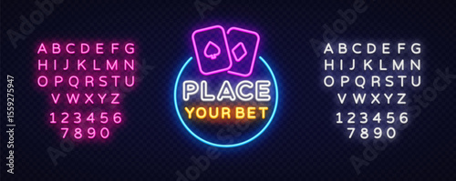 Neon place your bet layout with two glowing playing cards, circular border and full bright alphabets on both sides. Ideal for gambling themed content.