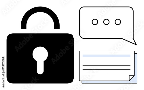 Large padlock, chat bubble with ellipses, and stack of documents symbolize secure messaging, privacy, and data confidentiality. Ideal for cybersecurity, encryption, data privacy, business