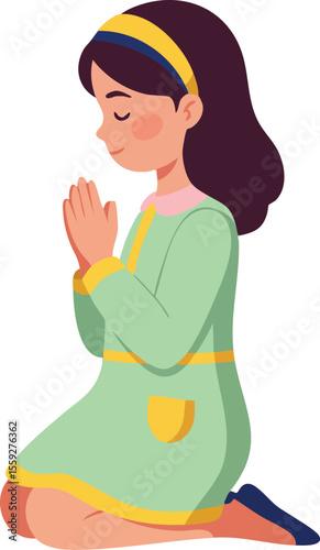 Girl in green dress kneeling and praying with closed eyes vector illustration for peaceful meditation and faith expression