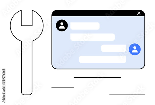 Wrench next to chat window with user icons and messages, suggesting collaboration and troubleshooting. Ideal for customer service, team communication, technical support, tools, repair, IT help