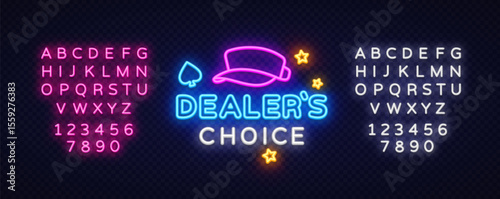 Neon sign dealer's choice with glowing cap, spade icon and stars. Pink and white font sets displayed on both sides of dark background.