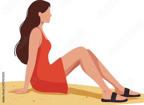 Woman sitting on sand wearing red dress and black sandals side profile relaxed posture vector illustration