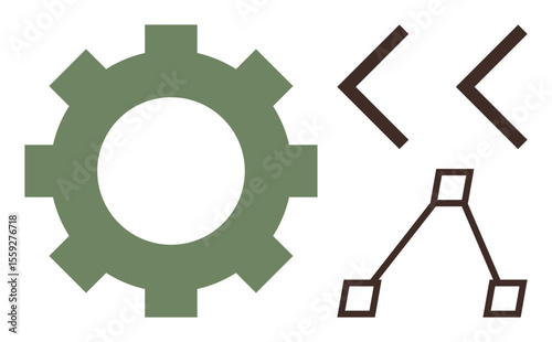 Green gear, black coding brackets, and flowchart diagram combine to symbolize software development, automation, and efficient workflow. Ideal for technology, coding, development, engineering