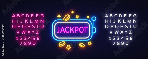 Wallpaper Mural Neon sign jackpot with golden coins, stars, and rectangular frame. Dual glowing alphabet sets add flexibility for casino-related content. Torontodigital.ca