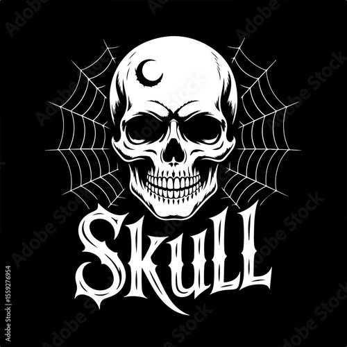 White skull with crescent moon and spiderweb design black background