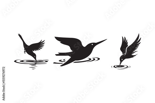 Silhouettes of birds diving and flying over rippling water