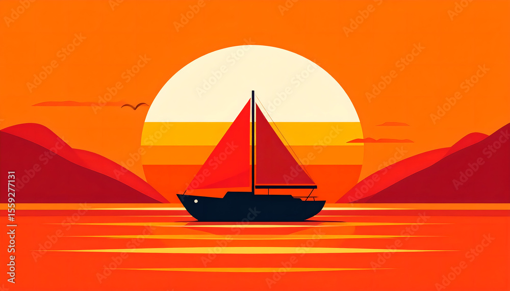 Fototapeta premium Sailboat at sunset vector illustration with orange sky and calm sea.
