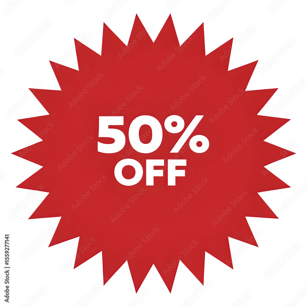Red starburst shape with bold black text announcing fifty percent off sale isolated on transparent background Red starburst shape with bold black text announcing fifty percent off sale isolated on transparent background