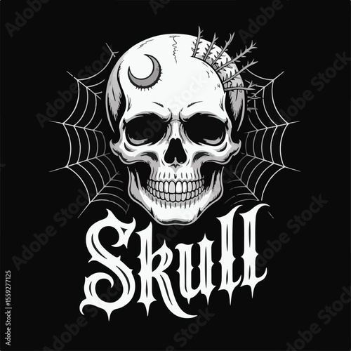 White skull with crescent moon and thorny branches on black background with spiderwebs human skull gray
