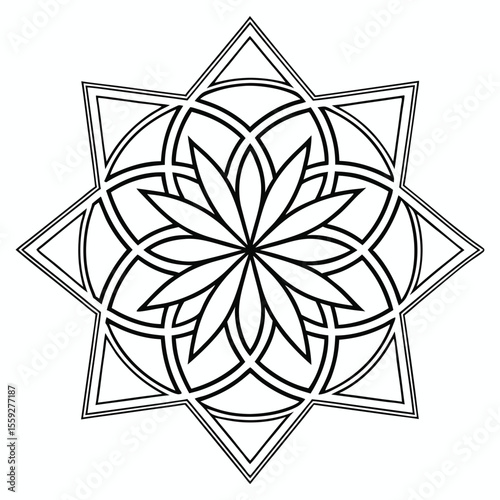 Geometric mandala art featuring symmetrical star and petal motifs, Vector illustration.