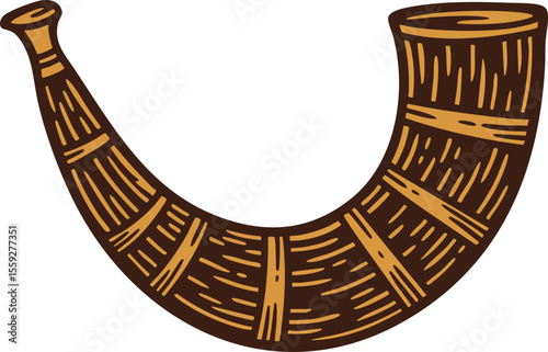 Vintage wooden hunting horn with carved details and rustic texture vector illustration for traditional music and outdoor themes