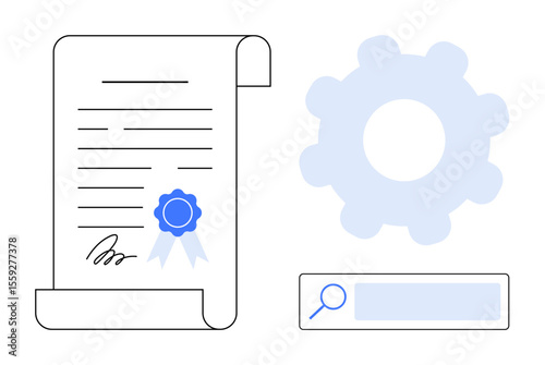 Scroll-thumbs up document marked with blue seal and signature, gear icon symbolizing operations, and search bar. Ideal for certification, workflow, approval process, agreement, innovation, research