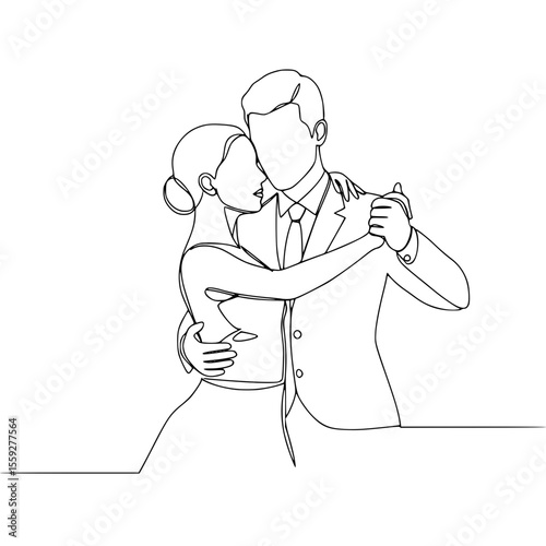Graceful couple dancing closely during tournament. Line art style vector. Prom, date, formal event or anniversary. Hobby or professional dancers. Dance school