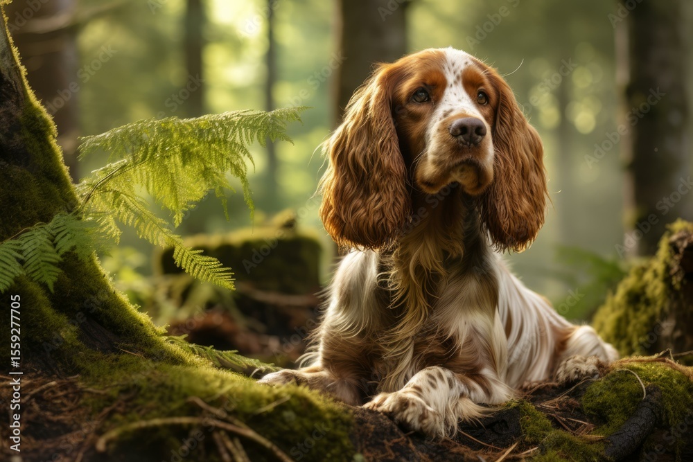Fototapeta premium Brown and white dog lying down in a bright green forest