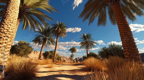 Wallpaper Mural Desert Oasis Serenity, a vibrant oasis with lush palm trees set against a pristine blue sky, showcasing nature's tranquil beauty. Torontodigital.ca