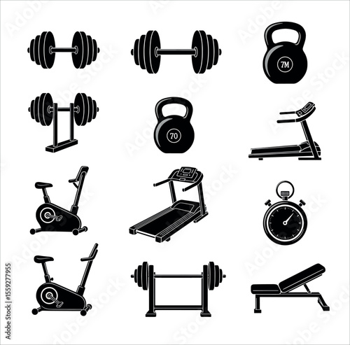 Black and White Gym Equipment Icons 