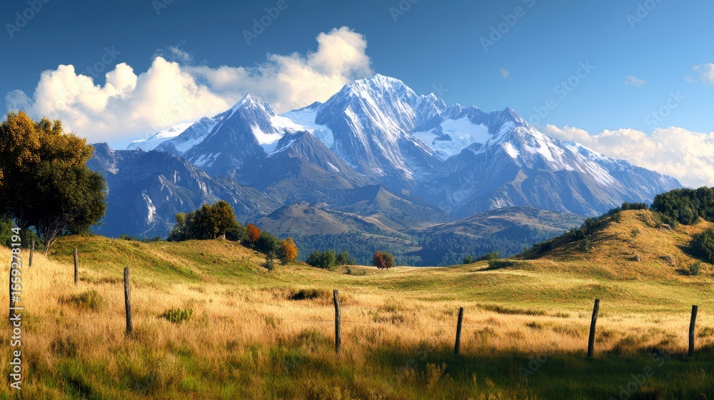 Fototapeta premium Majestic mountain range with towering, snow-covered peaks under a clear blue sky, showcasing nature's grandeur and rugged beauty.