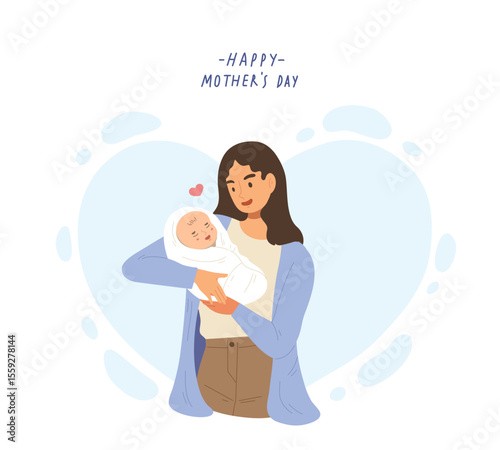 Lovely and kind mother holding her baby on light blue heart. Concept of mother's day, feeling hearty and warm, mom and baby relationship, holding infant, caring, bonding. Flat vector illustration.