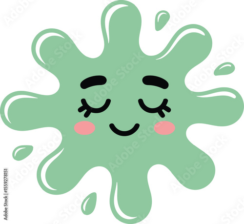 Cute Green Paint Splash Character with Closed Eyes Smiling Face and Pink Cheeks vector
