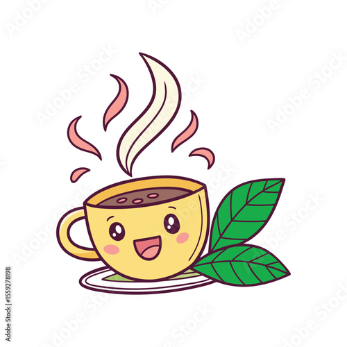cup of coffee with cute smile and leaf vector art