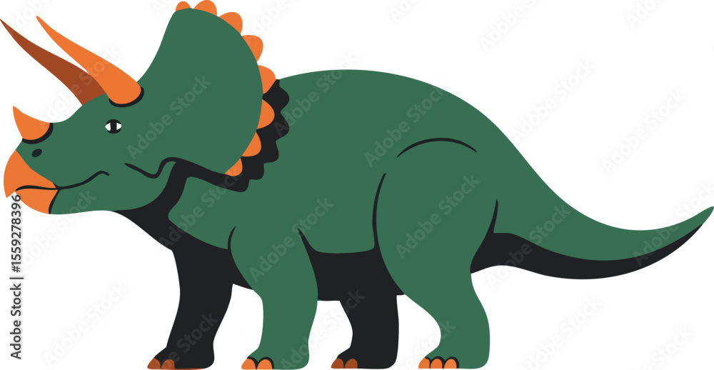 Fototapeta premium Triceratops dinosaur vector illustration with green body and orange horns in cartoon style