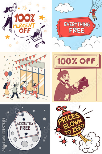 6 set piece of 100 percent off - extreme discount concept sometimes used humorously or as clickbait
