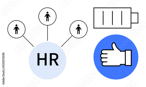 HR circle links with employees, battery symbolizes performance and energy, thumbs-up signifies approval. Ideal for team management, HR processes, workplace productivity, employee engagement