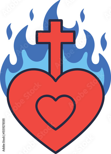Sacred heart symbol with cross and blue flames representing religious spirituality and devotion icon vector