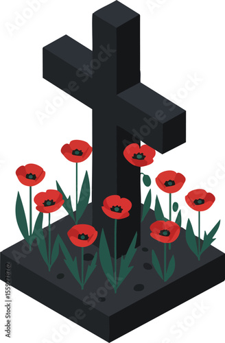 Black cemetery cross with red poppies growing around grave vector design for memorial remembrance and tribute