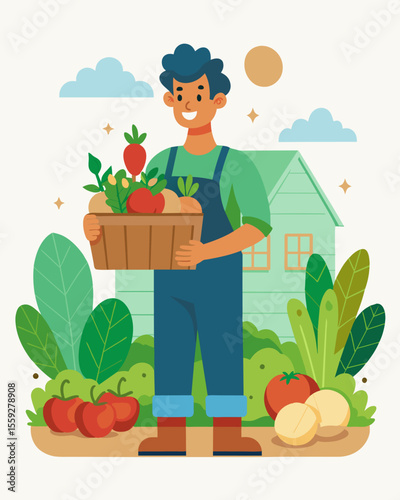 A homeowner proudly showing off their lush vegetable garden grown with the help of nutrientrich compost made from their household food scraps.. Vector illustration