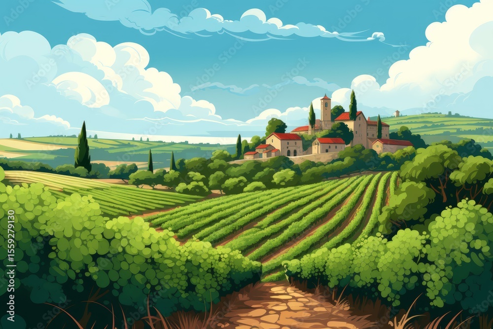 Fototapeta premium Picturesque vineyard with a village nestled among rolling hills under a bright sky