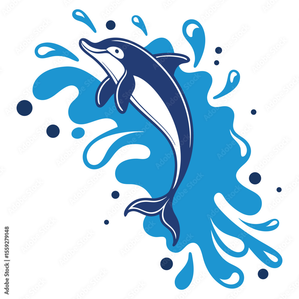 Fototapeta premium Dolphin leaping with blue water splash, Ocean wildlife vector illustration