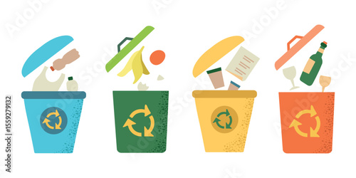 Set collection of plastic, glass, bio and paper garbage bin. Waste sorting environment protection and recycling concept.