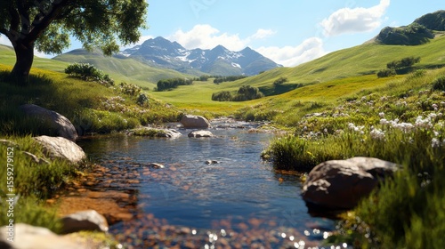 Wallpaper Mural Serene Valley Stream, tranquil landscape, lush greenery, gentle water flow, peaceful ambiance, vibrant natural beauty, inviting escape Torontodigital.ca
